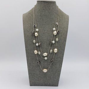 New York Necklace Silver Toned Satellite Beads Chain Faux Pearl Triple Strand